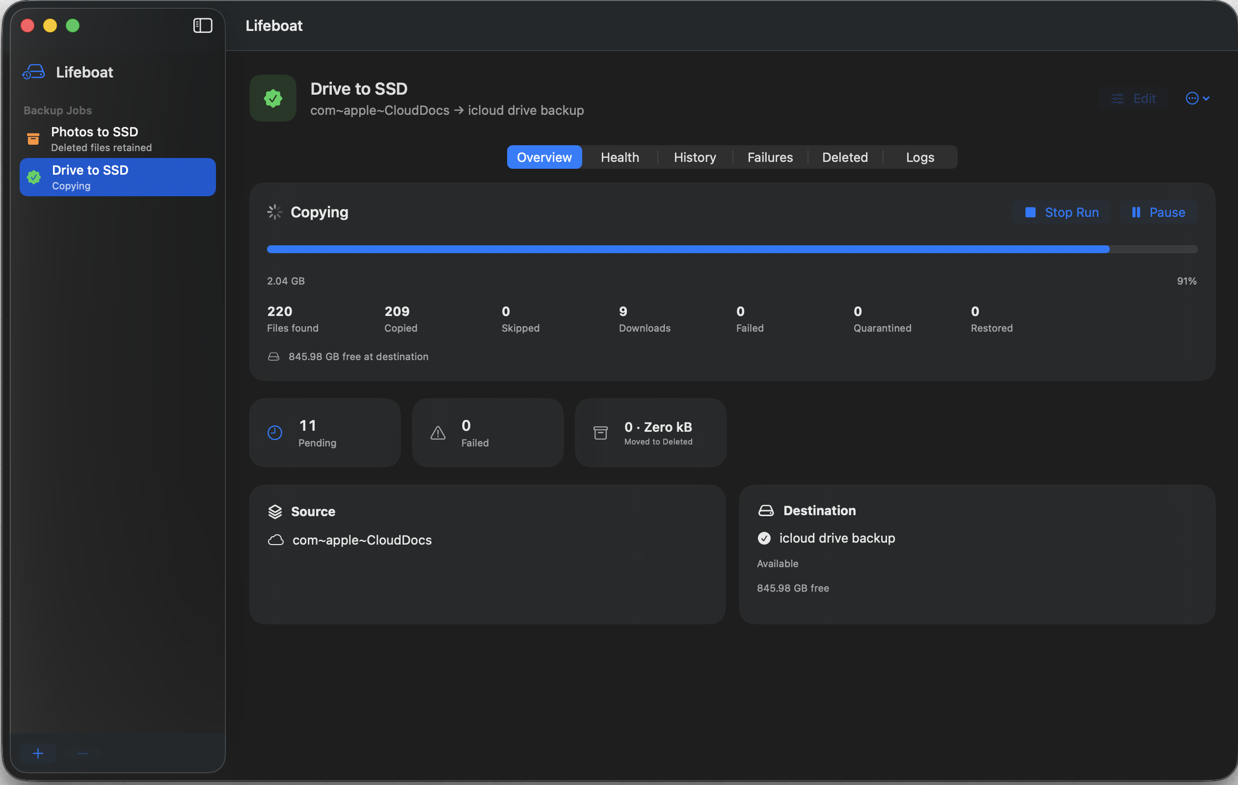 Lifeboat dashboard showing an iCloud Drive backup actively copying files to an SSD