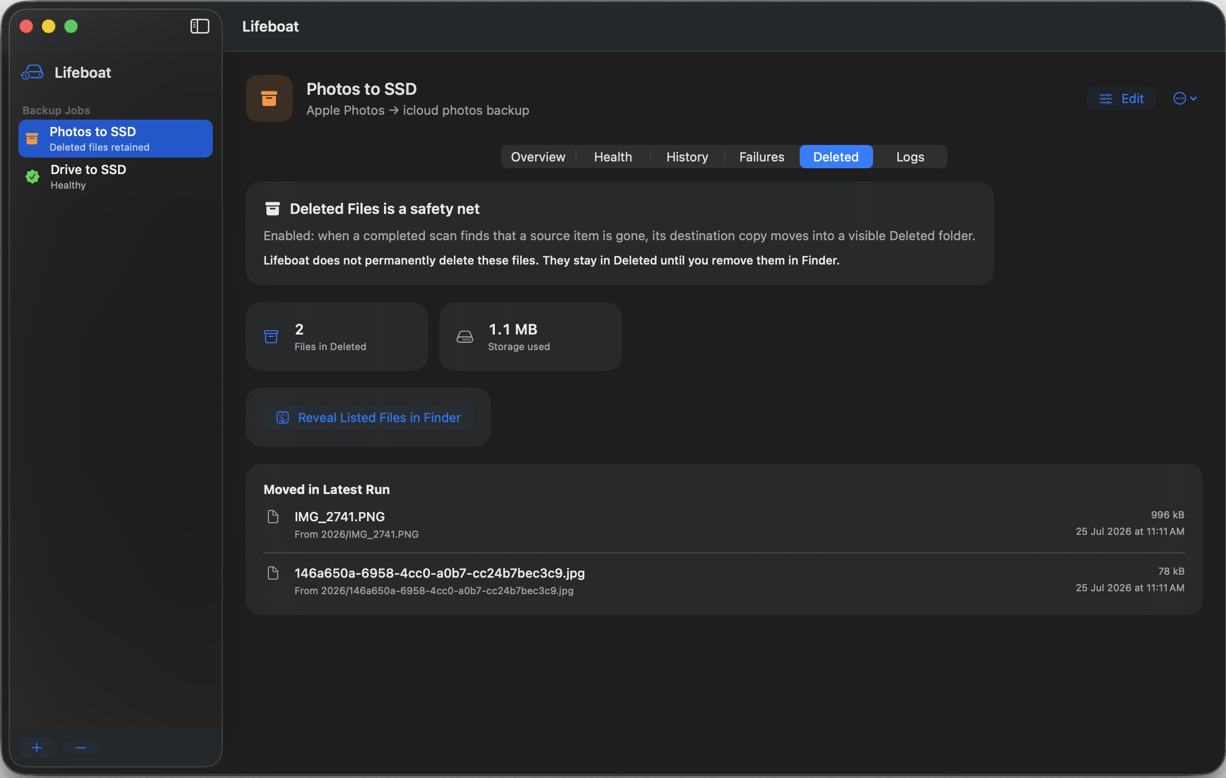 Lifeboat Deleted Files view listing two retained files and their storage usage