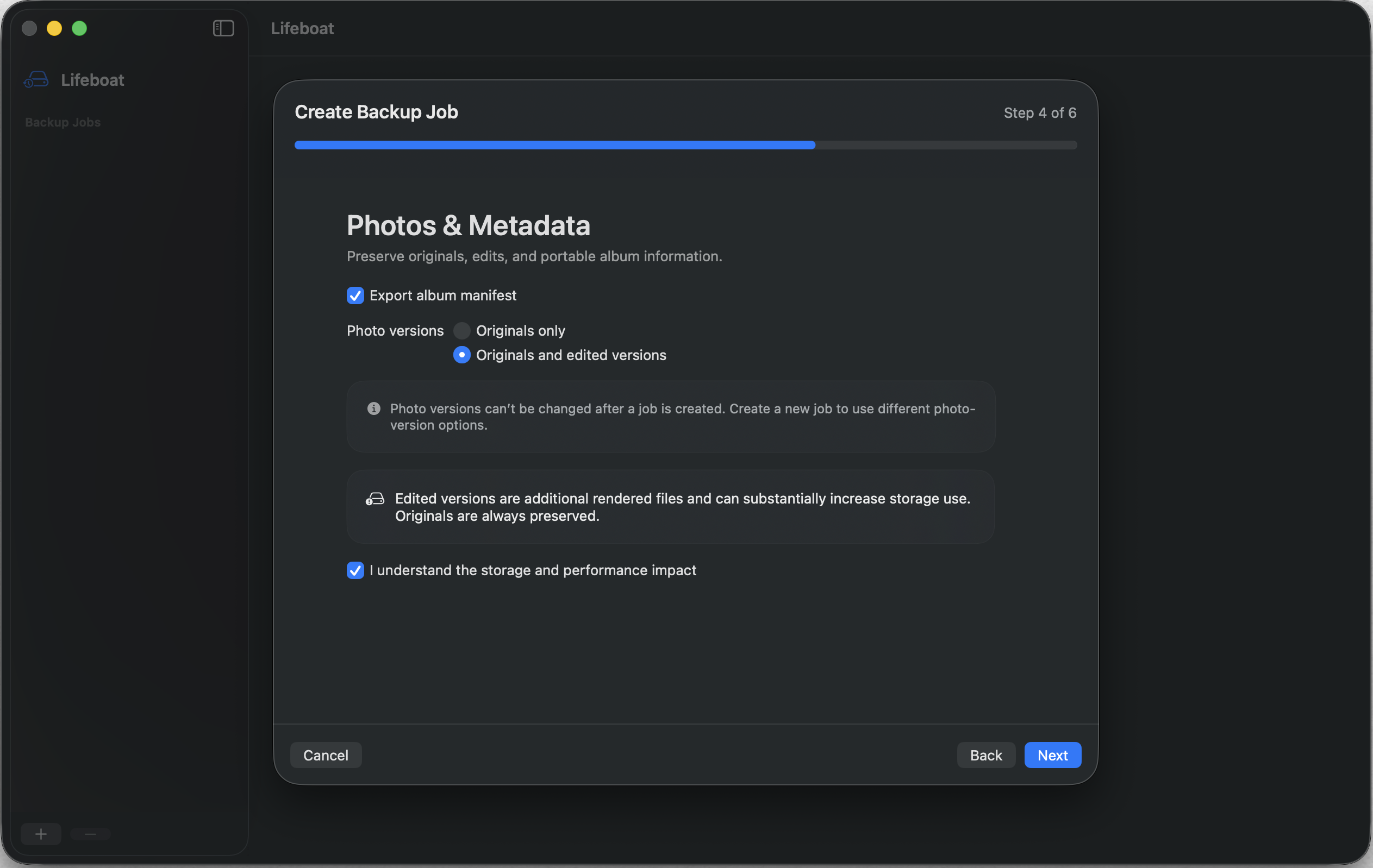 Lifeboat Photos and Metadata settings with album manifests and edited photo versions enabled